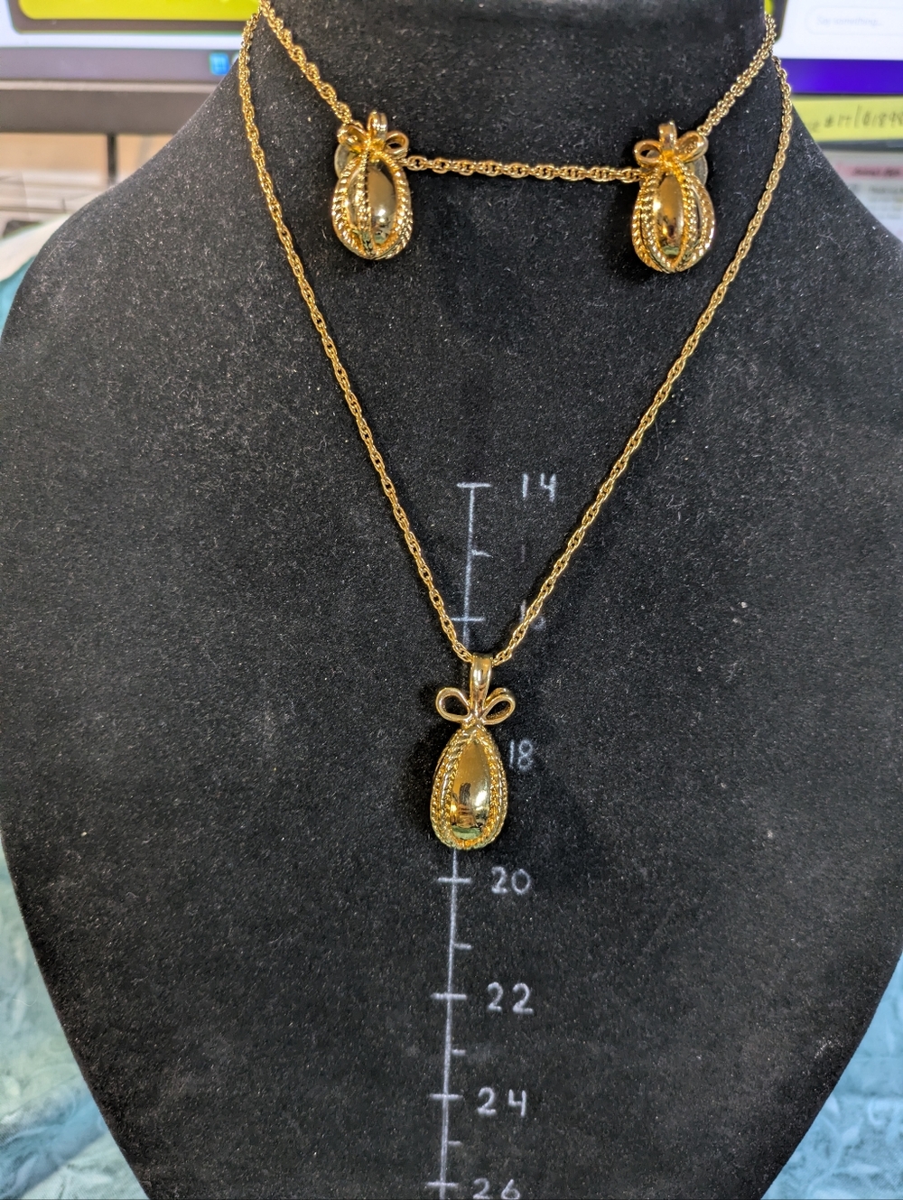 Vintage Joan Rivers Gold Faberge Egg With Bow Pendant Necklace and Earrings Set